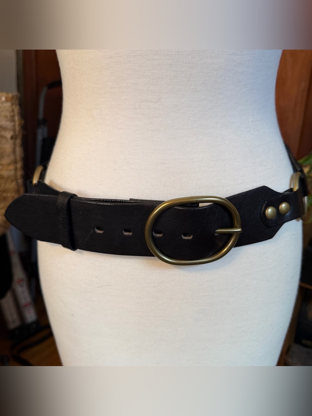 Linea Pelle Wide Black Leather Statement Adjustable Belt W/ Metal Rings Size M